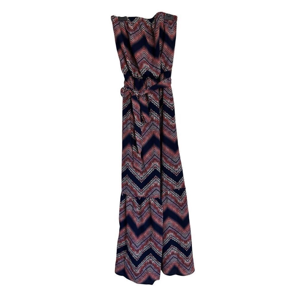 Aqua Maxi Dress Small Navy Chevron Print Belted Flowy Beach Strapless NWOT